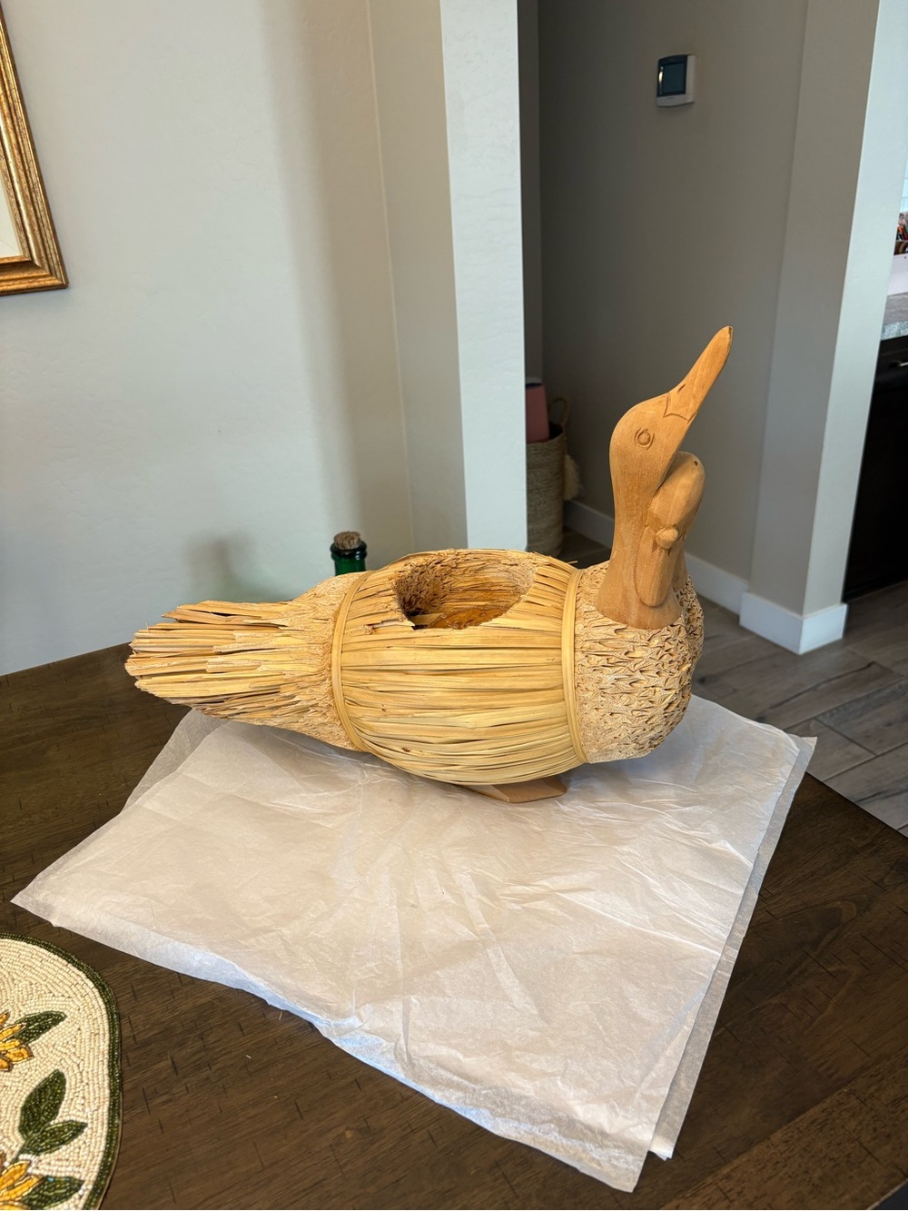 Vintage Wood Hand-carved Swans . The Love Couple with Straw Body Figurine